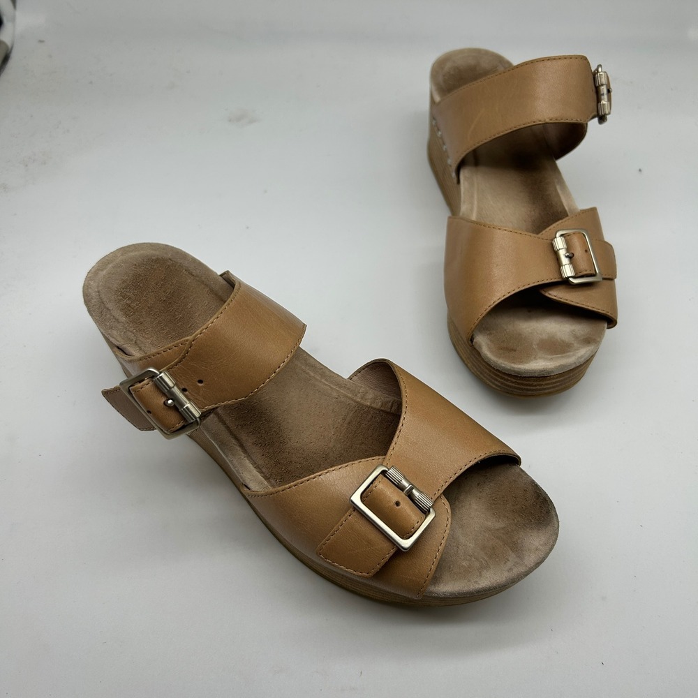 Dansko Selma Tan Leather Platform Wedge Buckle Slide Sandals EU 41 US 10.5-11